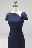 Black Short Sleeves Bodycon Satin Midi Work Dress