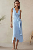 Sky Blue V-Neck Sheath Satin Long Work Dress