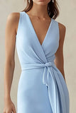 Sky Blue V-Neck Sheath Satin Long Work Dress