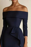 Navy Off the Shoulder Satin Bodycon Short Work Dress