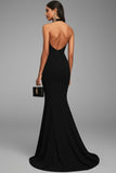 Black Mermaid Halter Satin Long Formal Dress with Slit