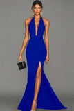Black Mermaid Halter Satin Long Formal Dress with Slit