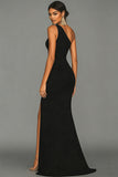 Black Satin Mermaid One Shoulder Long Formal Dress with Slit