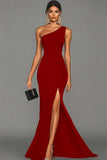 Black Satin Mermaid One Shoulder Long Formal Dress with Slit