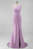 Black Satin Mermaid One Shoulder Long Formal Dress with Slit
