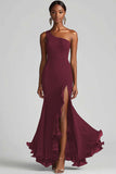 Black Chiffon One Shoulder Mermaid Long Formal Dress with Slit
