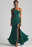Black Chiffon One Shoulder Mermaid Long Formal Dress with Slit