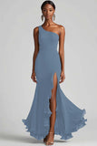 Black Chiffon One Shoulder Mermaid Long Formal Dress with Slit