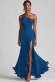 Black Chiffon One Shoulder Mermaid Long Formal Dress with Slit