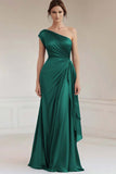 Grey Blue One Shoulder Ruched A Line Long Formal Dress