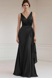 Grey Blue V Neck Sheath Ruffled Long Formal Dress