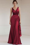 Grey Blue V Neck Sheath Ruffled Long Formal Dress