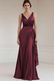 Grey Blue V Neck Sheath Ruffled Long Formal Dress