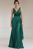 Grey Blue V Neck Sheath Ruffled Long Formal Dress