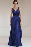 Grey Blue V Neck Sheath Ruffled Long Formal Dress