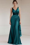 Grey Blue V Neck Sheath Ruffled Long Formal Dress