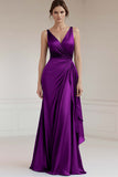 Grey Blue V Neck Sheath Ruffled Long Formal Dress