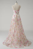 Sparkly Pink V Neck Floral Spaghetti Straps A Line Long Formal Dress