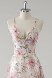 Sparkly Pink V Neck Floral Spaghetti Straps A Line Long Formal Dress