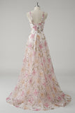 Sparkly Pink V Neck Floral A Line Long Formal Dress with Sequins