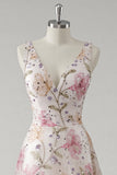 Sparkly Pink V Neck Floral A Line Long Formal Dress with Sequins