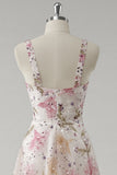 Sparkly Pink V Neck Floral A Line Long Formal Dress with Sequins
