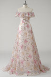 Sparkly Pink Ruffled Off the Shoulder Floral A Line Long Formal Dress