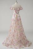 Sparkly Pink Ruffled Off the Shoulder Floral A Line Long Formal Dress
