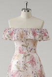 Sparkly Pink Ruffled Off the Shoulder Floral A Line Long Formal Dress