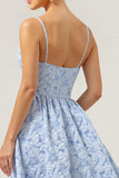 Blue Floral A Line Spaghetti Straps Long Bridesmaid Dress