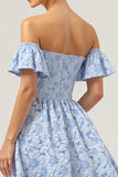 Off The Shoulder Blue Ruffled Bridesmaid Dress with Sleeves