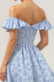 Blue Floral Off The Shoulder High-Low A Line Bridesmaid Dress