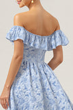 Off The Shoulder Ruffled Blue High Low Bridesmaid Dress