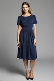 Simple Navy A Line Round Neck Short Sleeves Midi Work Dress
