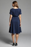 Simple Navy A Line Round Neck Short Sleeves Midi Work Dress
