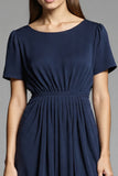Simple Navy A Line Round Neck Short Sleeves Midi Work Dress