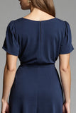 Simple Navy A Line Round Neck Short Sleeves Midi Work Dress