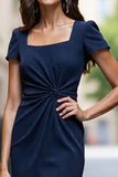Satin Navy Bodycon Ruched Short Sleeves Midi Work Dress with Slit