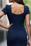 Satin Navy Bodycon Ruched Short Sleeves Midi Work Dress with Slit