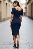 Navy Short Sleeves Ruched Square Neck Satin Midi Work Dress