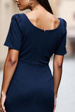 Navy Short Sleeves Ruched Square Neck Satin Midi Work Dress