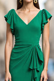 Green Satin Bodycon V-Neck Ruffled Midi Work Dress with Drape