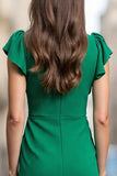 Green Satin Bodycon V-Neck Ruffled Midi Work Dress with Drape