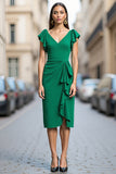 Green Satin Bodycon V-Neck Ruffled Midi Work Dress with Drape
