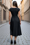 Black A Line Satin Cap Sleeves Midi V-Neck Work Dress