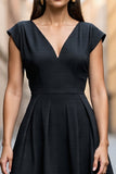 Black A Line Satin Cap Sleeves Midi V-Neck Work Dress