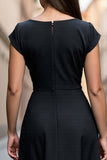 Black A Line Satin Cap Sleeves Midi V-Neck Work Dress