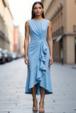 Satin Sky Blue Sheath Ruched Long Work Dress with Ruffles