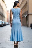 Satin Sky Blue Sheath Ruched Long Work Dress with Ruffles
