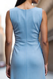 Satin Sky Blue Sheath Ruched Long Work Dress with Ruffles